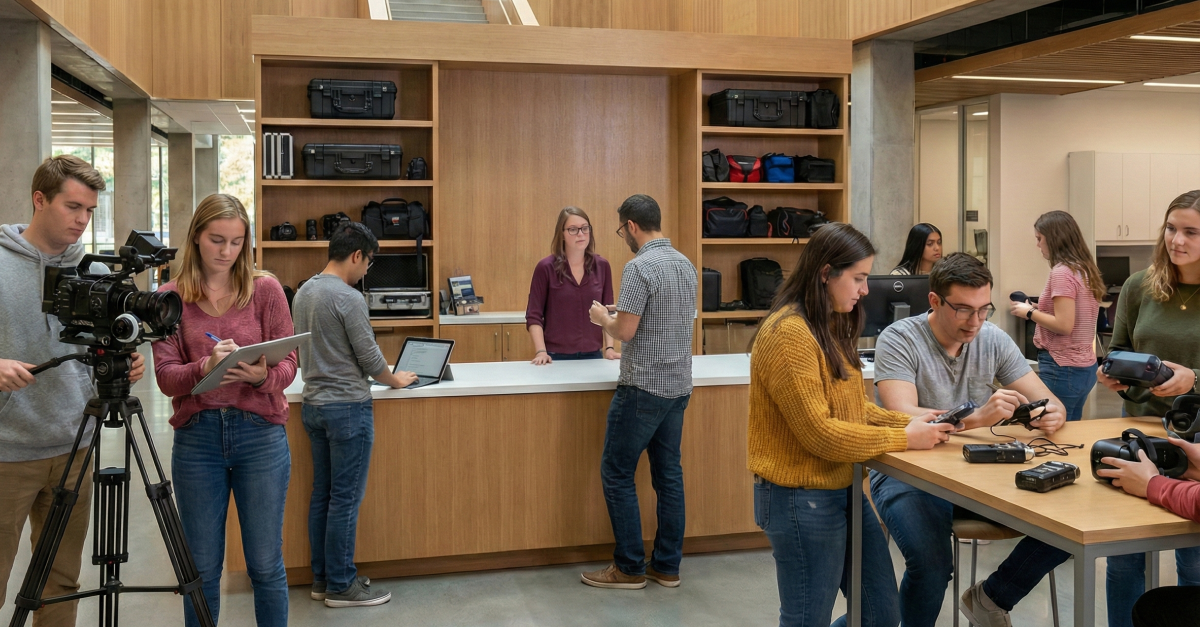 university library with students using equipment