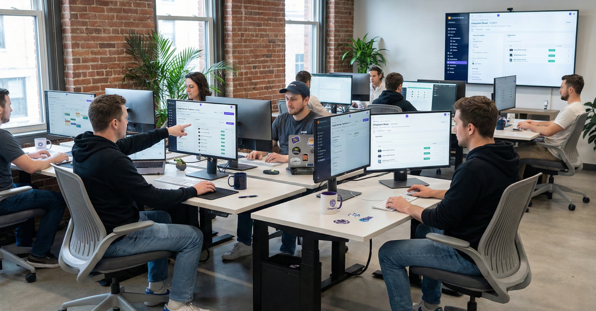 employees on their computers and using cheqroom