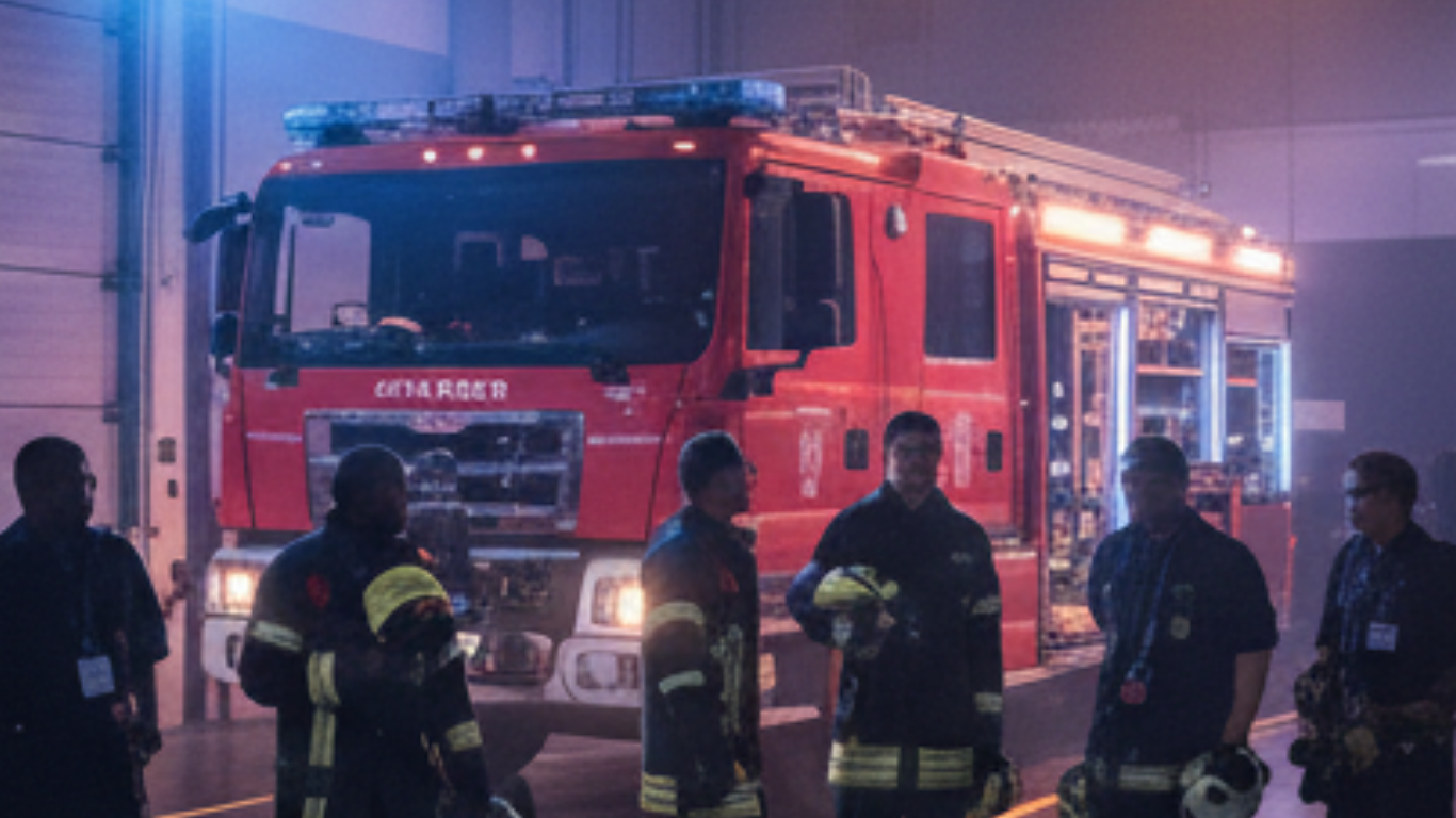 Firefighters standing in front of a red fire truck, showcasing teamwork and preparedness in emergency response.