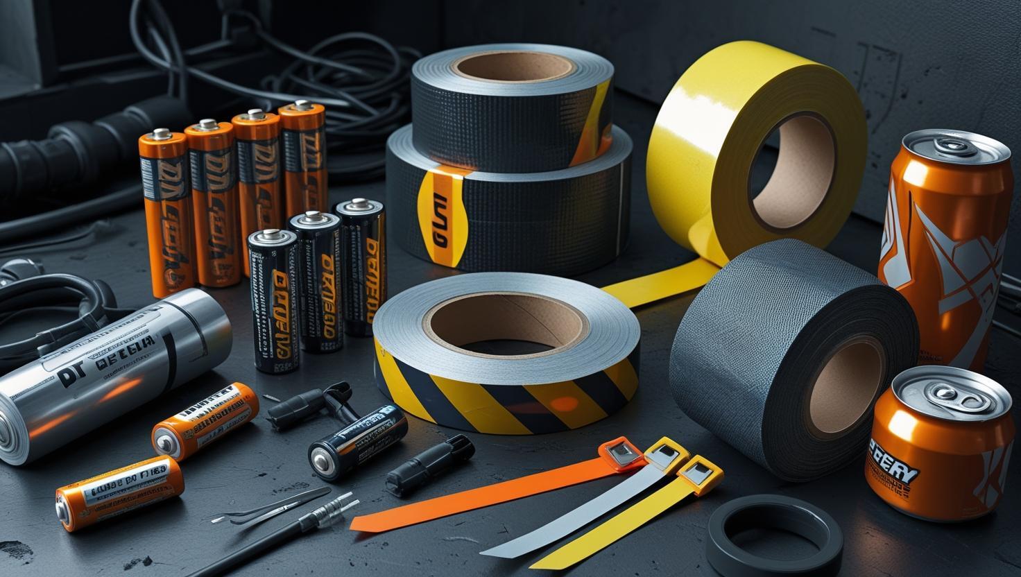 Create an image of consumables like Think about batteries props tape swag or even energy drinks make it realistic dark for AV industry