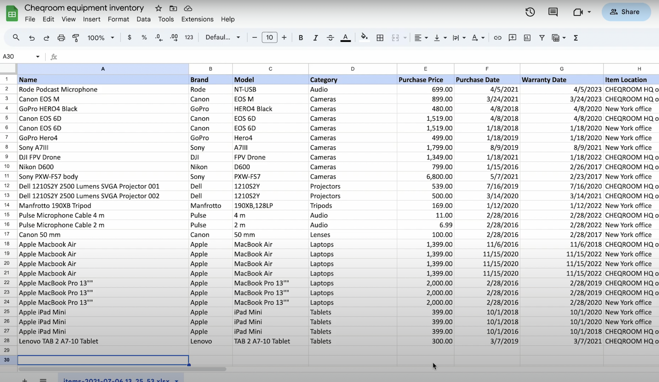 Inventory list