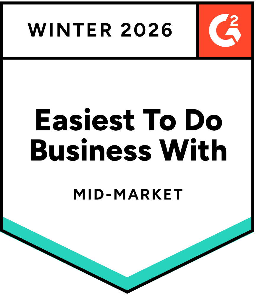 Easiest to Do Business With award badge for mid-market, indicating Cheqroom's consulting services excellence in system optimization and workflow management.