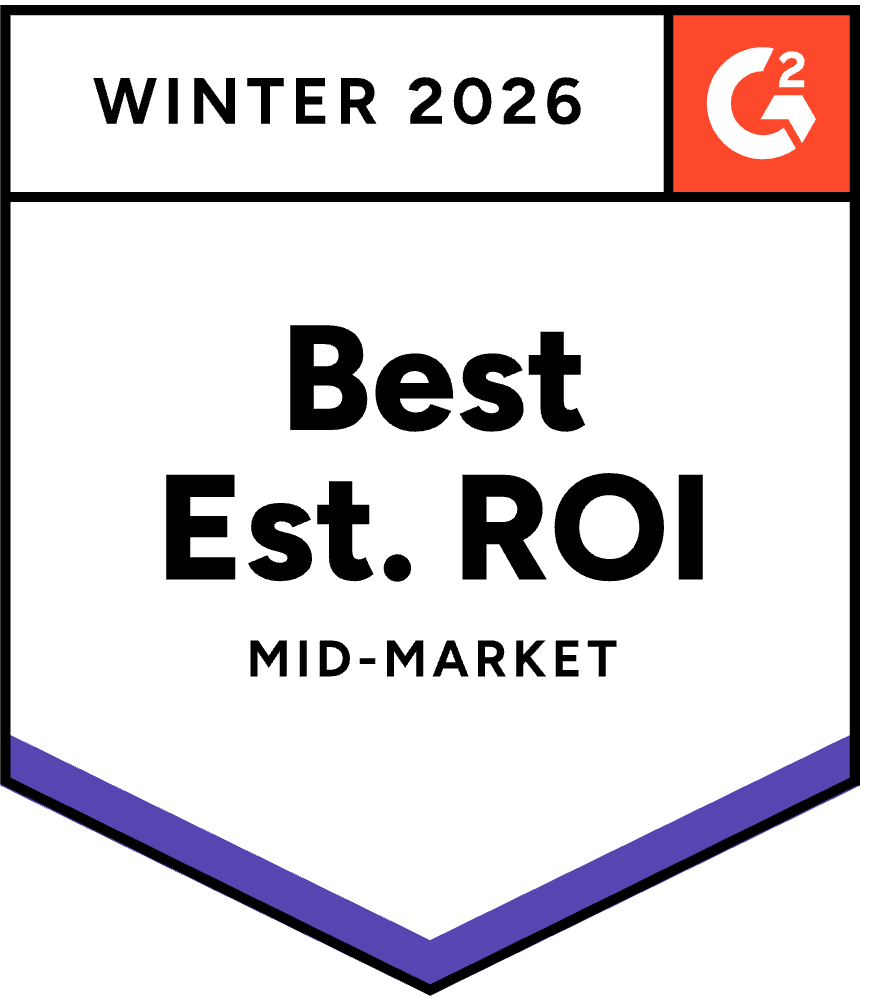 Best Estimated ROI badge for mid-market, Winter 2026, awarded by G2, emphasizing Cheqroom's consulting services in system optimization and automation.